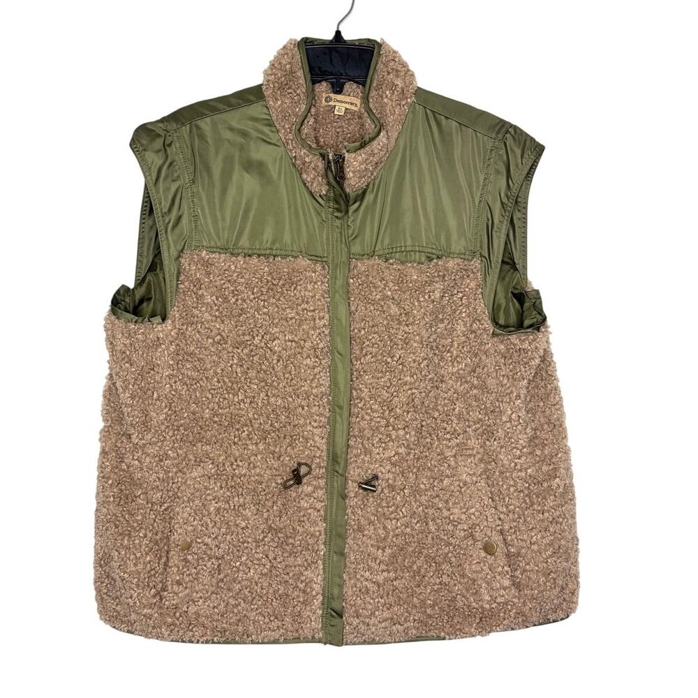 Democracy Mixed Media Full Zip Vest Women's Sz XL Olive Green Beige Sherpa